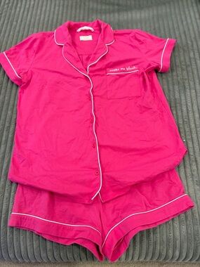 Hot Pink Women's Kate Spade Short Pajama Set with White Piping